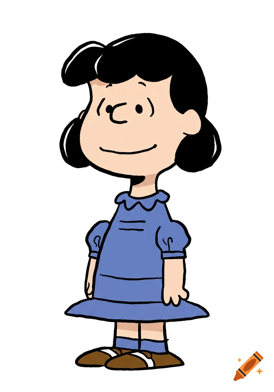 Full body cartoon illustration of Lucy Van Pelt from Peanuts, standing and smiling, on a white background.