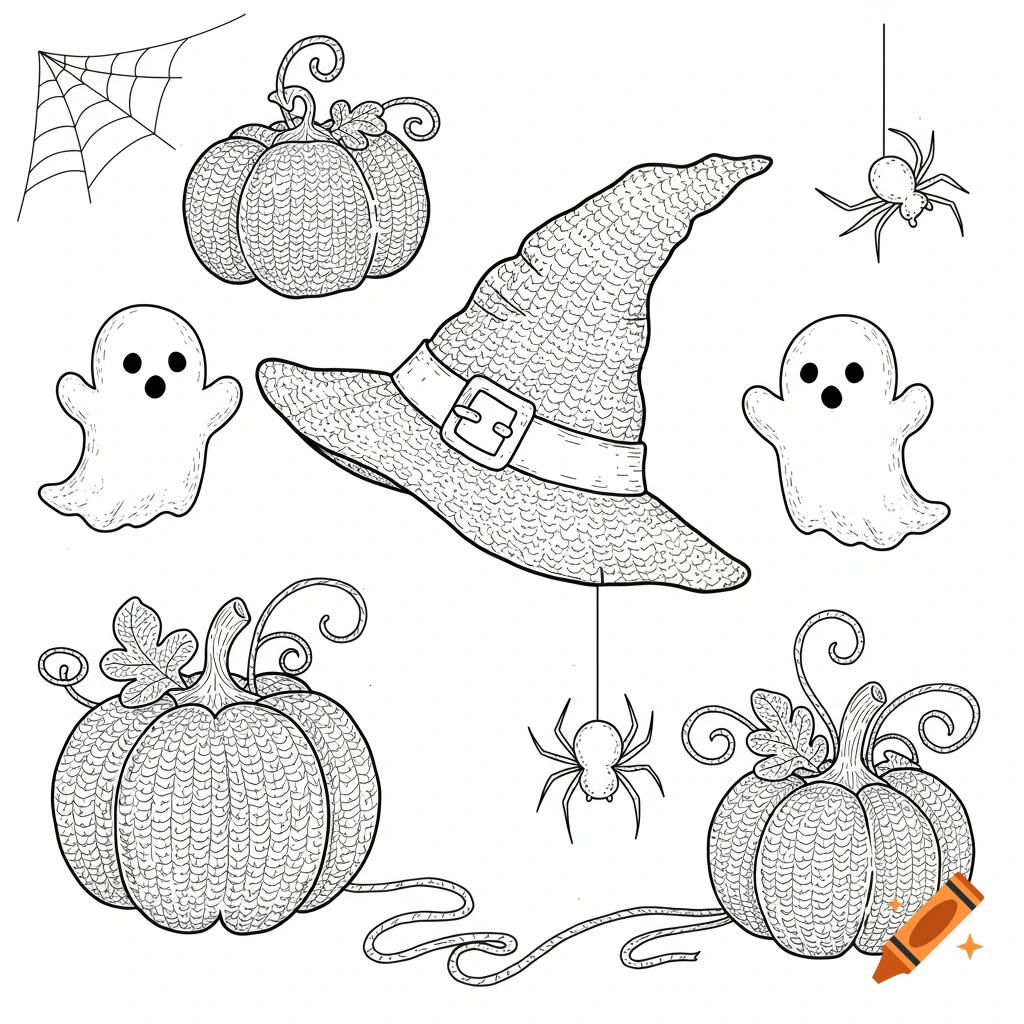 Black and white line art Halloween coloring page with pumpkins, ghosts, a witch hat, spiders, and a spiderweb.