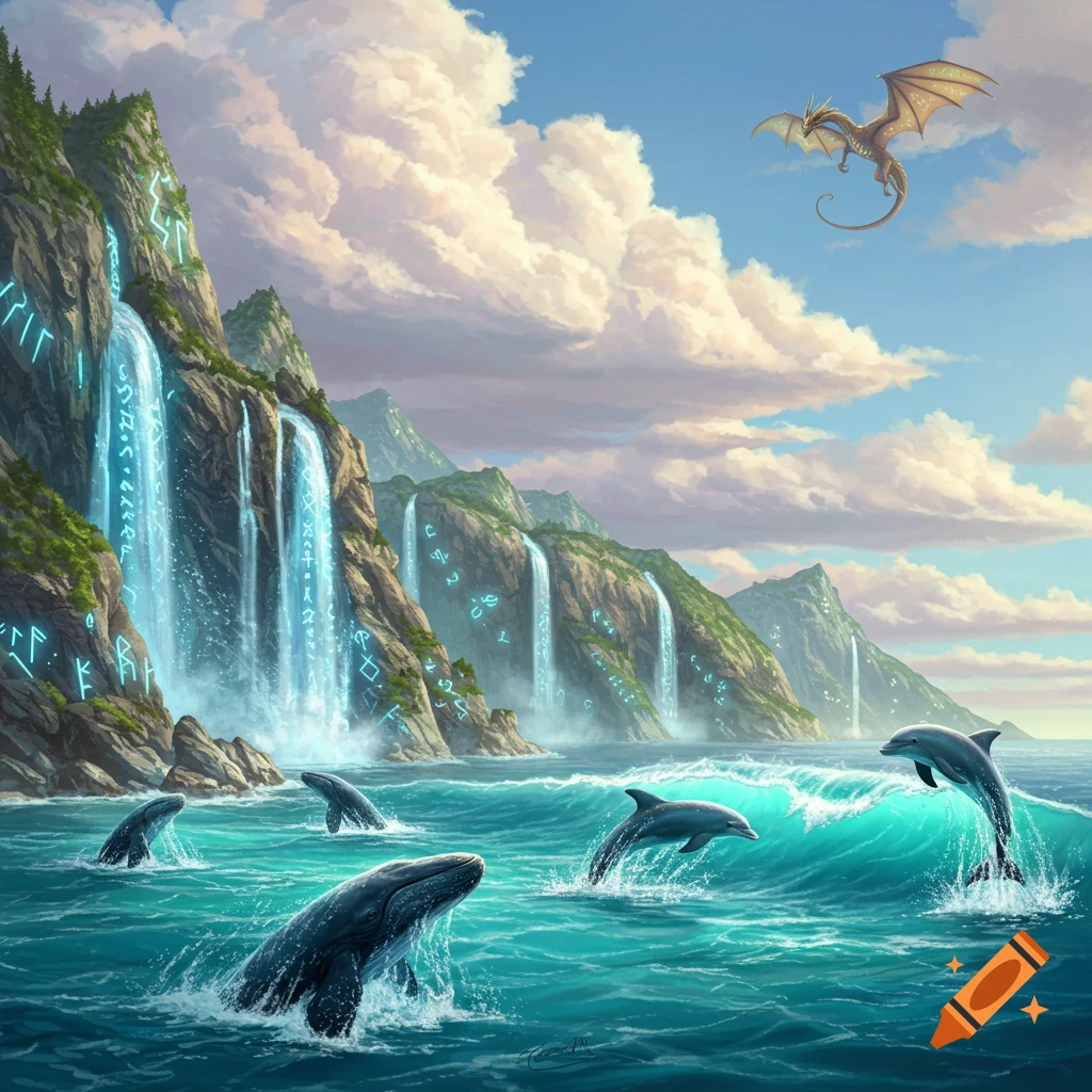 A vibrant fantasy landscape with glowing waterfalls, mountains, ocean, whales, dolphins, and a dragon flying under a cloudy sky.