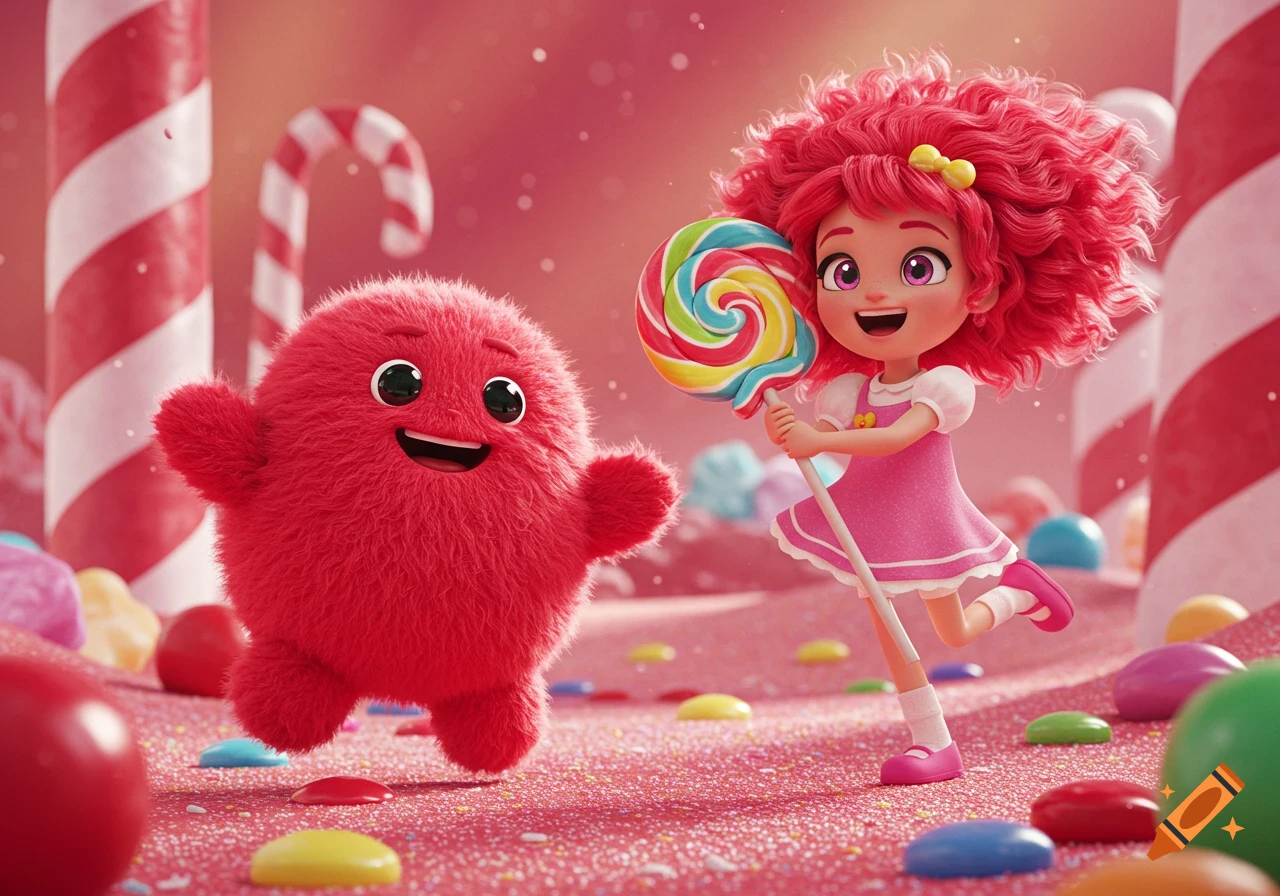 A cute red fuzzy character and an animated girl with pink hair holding a giant rainbow lollipop in a pink candy land.