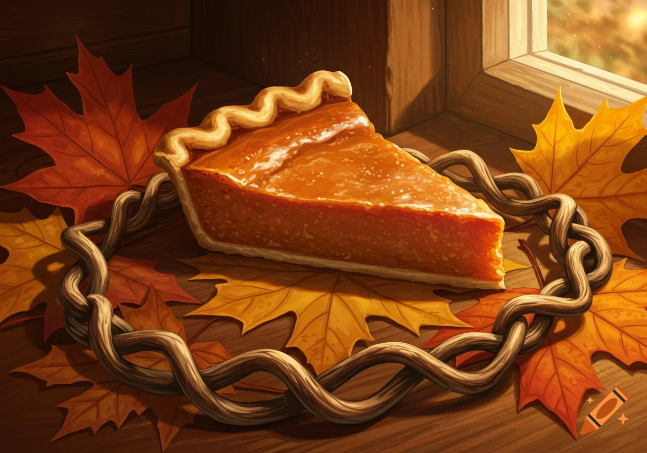 Illustrated slice of pumpkin pie on fall leaves and twisted wooden vines by a sunny window.