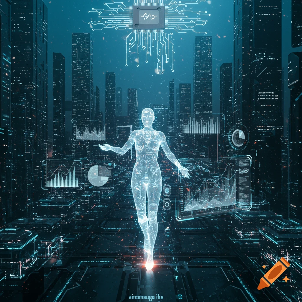 A glowing, translucent human-like figure made of light and circuits stands in a futuristic city, surrounded by holographic data displays and circuit patterns.