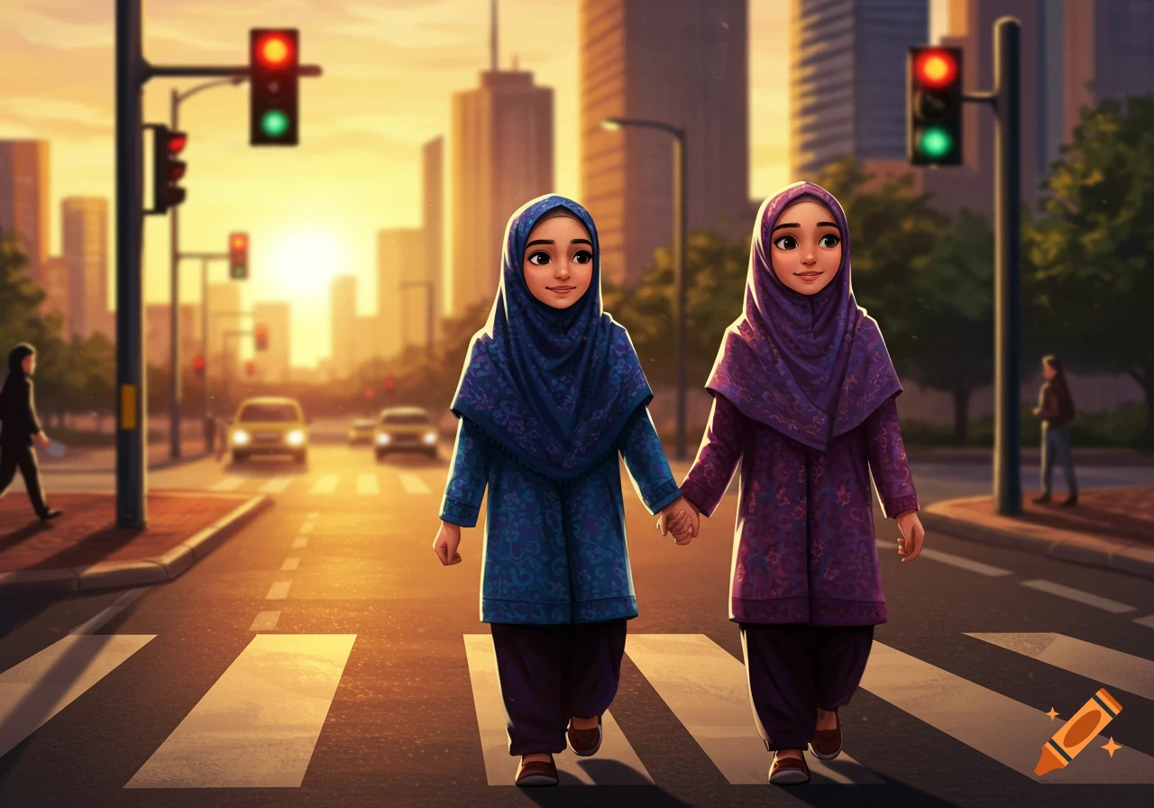 Two cartoon girls in hijabs hold hands while crossing a sunny city street on a crosswalk with traffic lights.