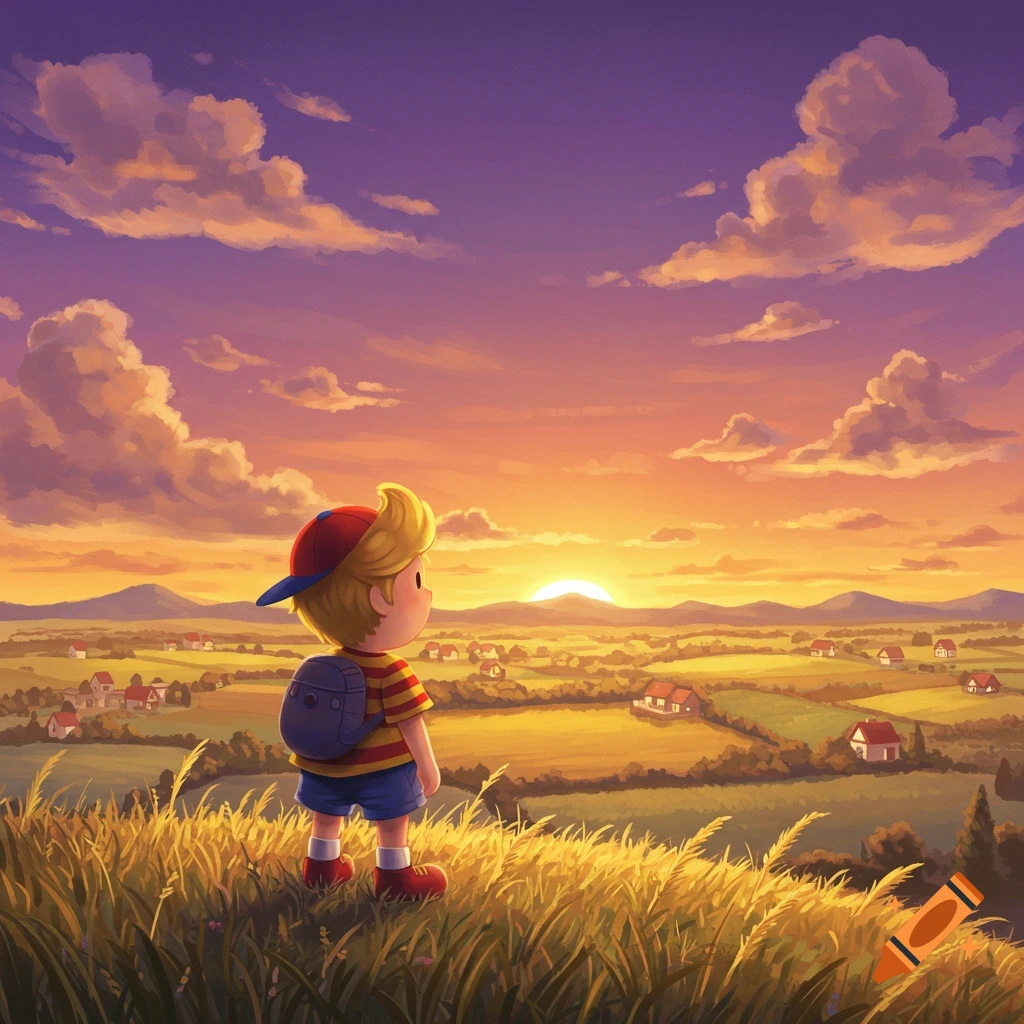 Colorful illustration of Lucas from Mother 3 standing on a grassy hill, overlooking a village and a vibrant sunset.