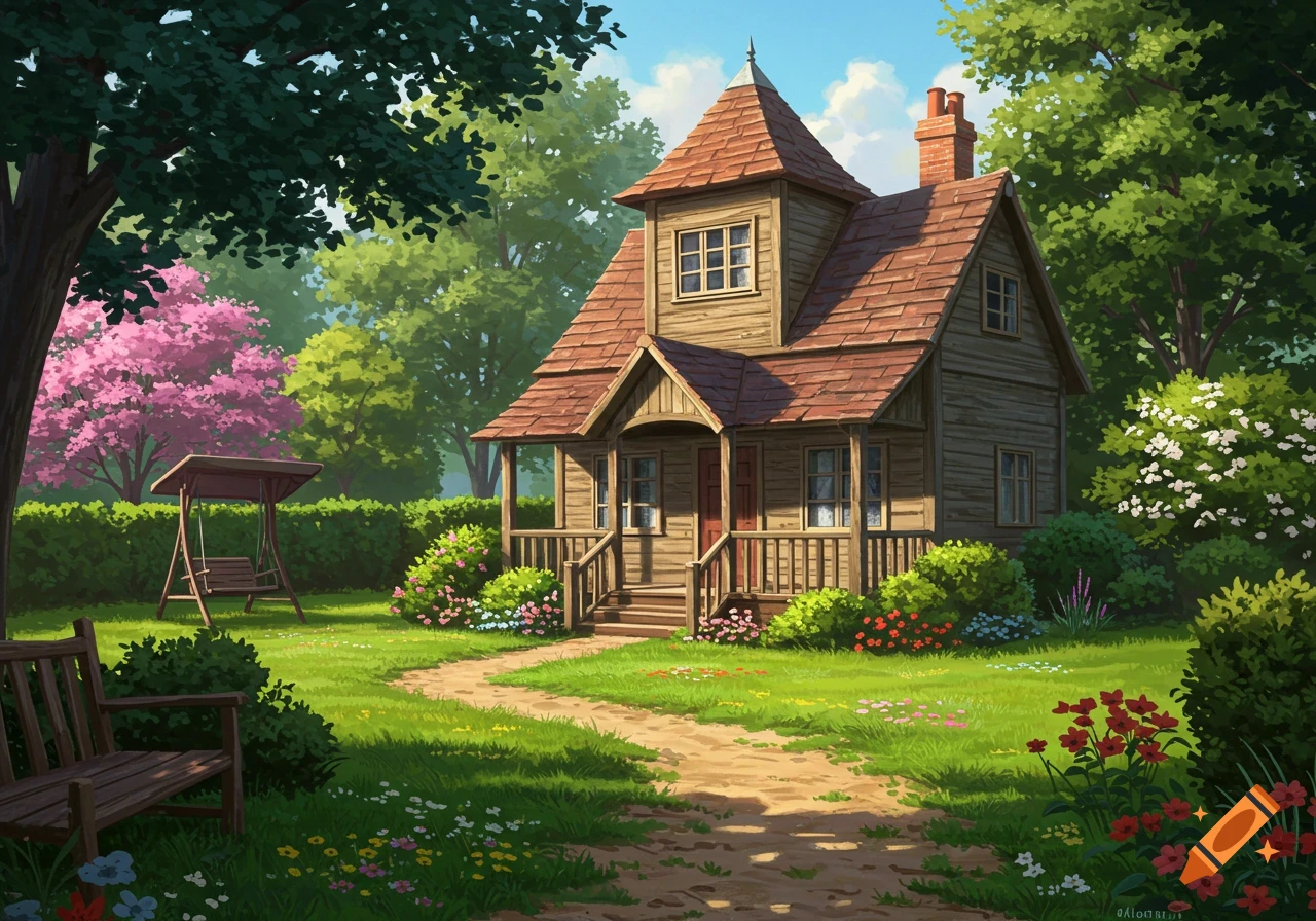 A charming painterly wooden house with a porch, surrounded by a lush summer garden with a dirt path, swing, and blooming trees.