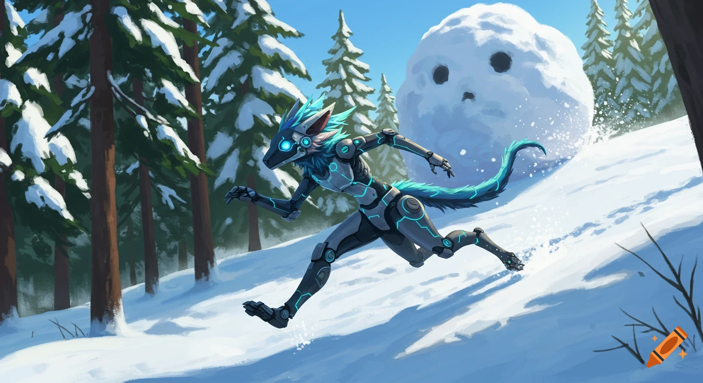 A protogen robot-furry creature runs downhill through a snowy forest, chased by a giant snowball in a digital art style.