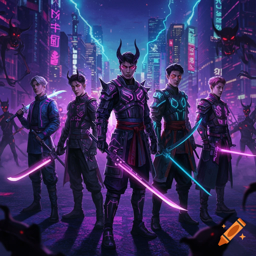 Five K-pop inspired demon hunters in neon cyberpunk armor stand with glowing swords in a futuristic city with demons.