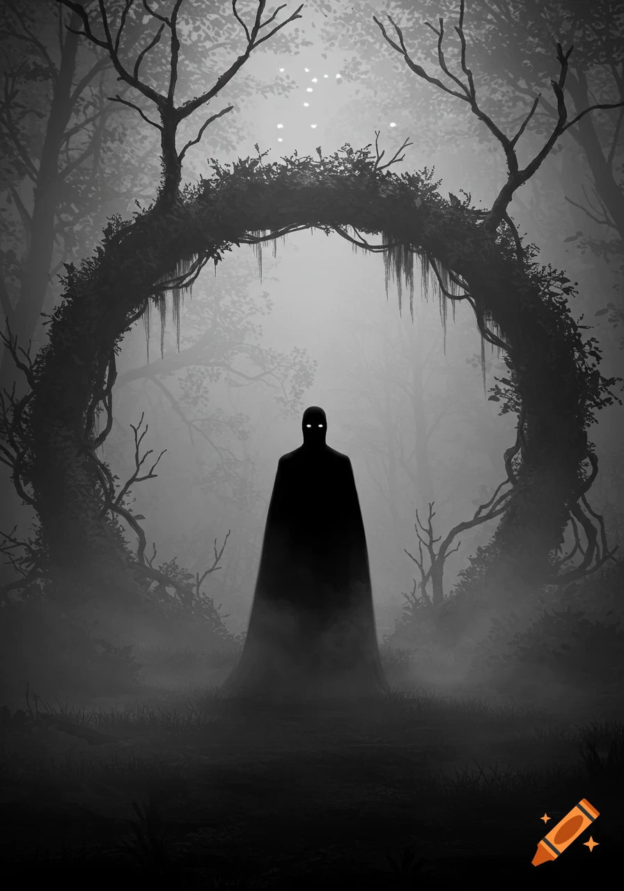 A mysterious dark cloaked figure with glowing white eyes stands in a foggy, eerie forest with a gnarled, vine-covered archway.