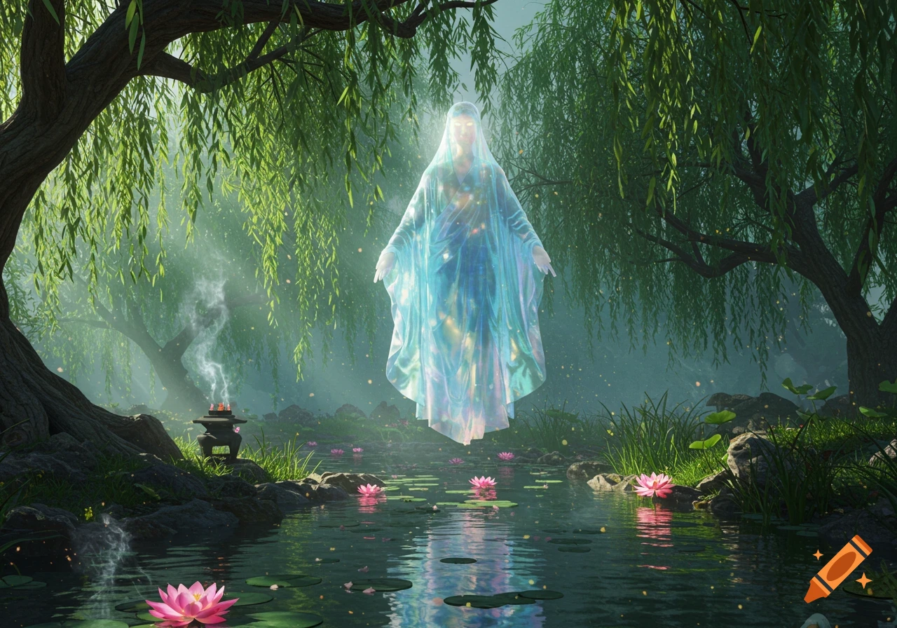 A glowing, ethereal spiritual figure hovers over a tranquil pond with pink lotus flowers in a mystical forest.