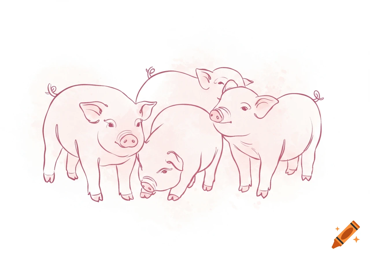 Four outline drawings of cute piglets with a light pink watercolor wash on a white background.