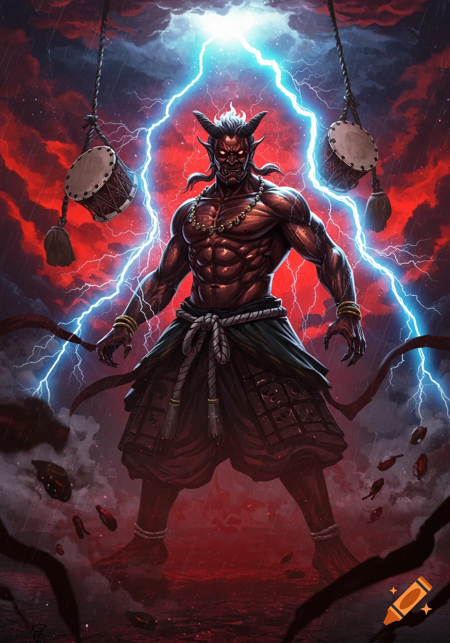 A powerful red-skinned, horned thunder god (Raijin) with drums stands amidst a stormy sky with lightning, in a digital art style.