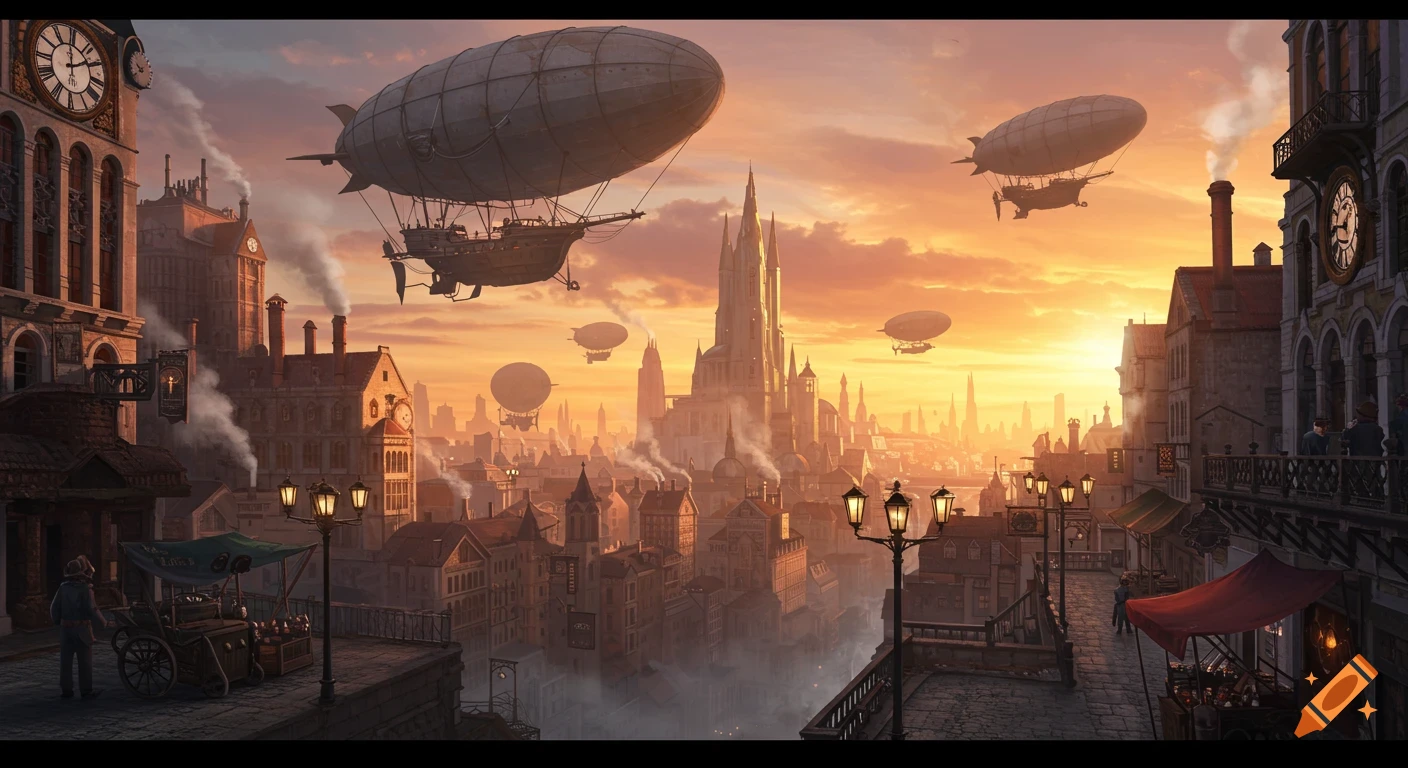 A detailed steampunk cityscape at sunset, with towering buildings, large blimps flying above, and bustling streets below.
