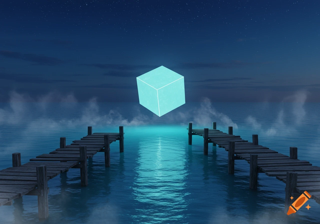 A glowing light blue cube floats above dark blue water between two wooden piers at night, under a starry sky with light mist.