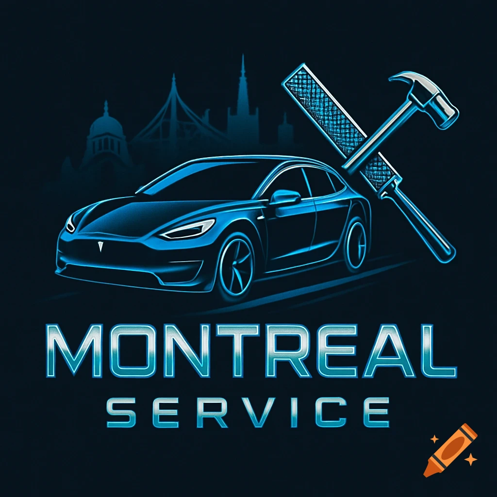 A sleek, glowing blue car with a hammer and rasp crossed behind it, above the words MONTREAL SERVICE, with city silhouettes in the background.