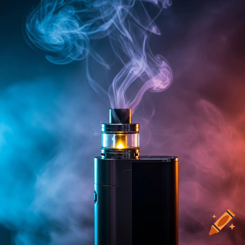 A black vape device with glowing atomizer emitting blue and purple smoke against a gradient background.