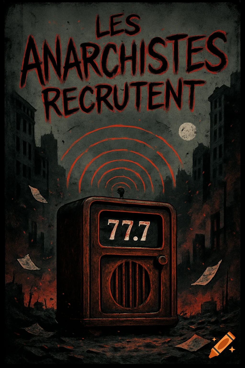 A dark, gritty, dystopian poster featuring a retro radio emitting red signals, with text 'LES ANARCHISTES RECRUTENT' and '77.7' in an apocalyptic city.