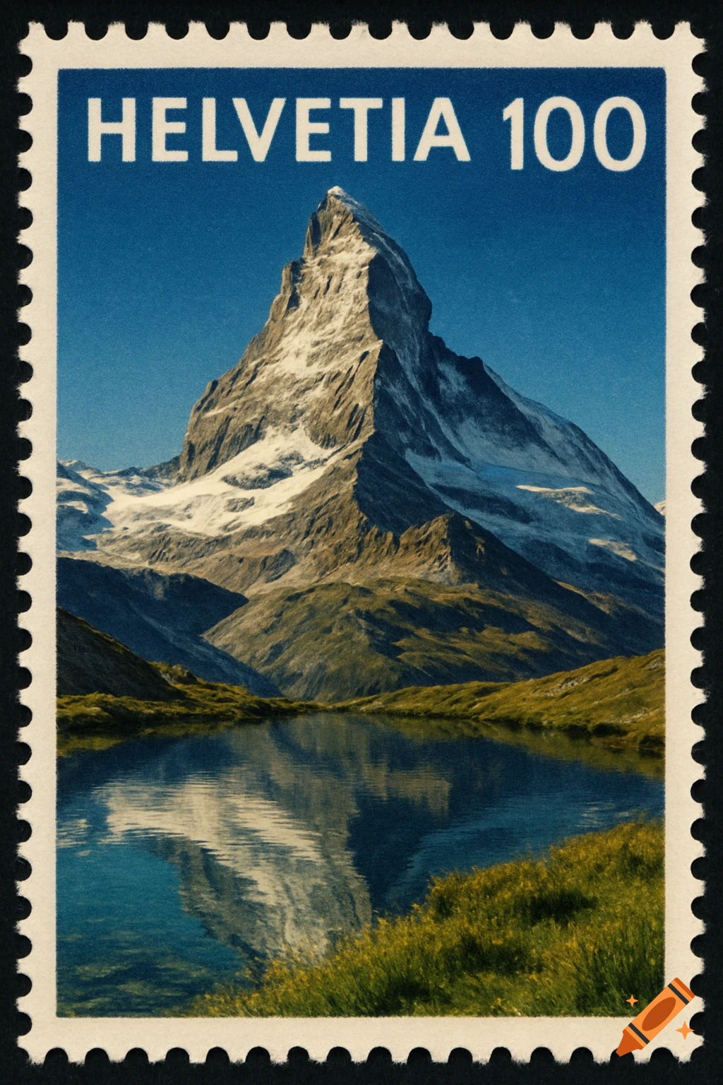 A postage stamp featuring a snow-capped mountain reflecting in a clear alpine lake under a blue sky, with green grass in the foreground.