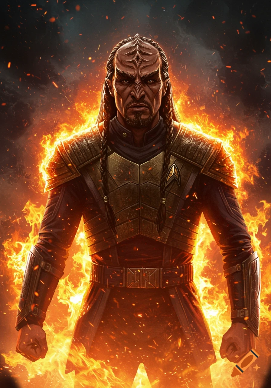 A fierce Klingon warrior with braided hair and dark skin stands engulfed in vivid orange flames, wearing golden armor with a Starfleet insignia. Digital art.