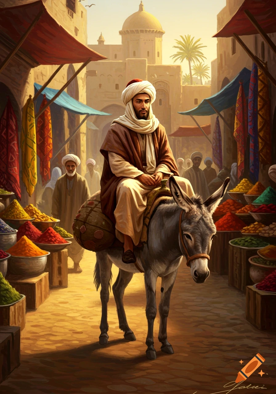 Painterly illustration of a man in a turban on a donkey, riding through a colorful, bustling Middle Eastern spice market.
