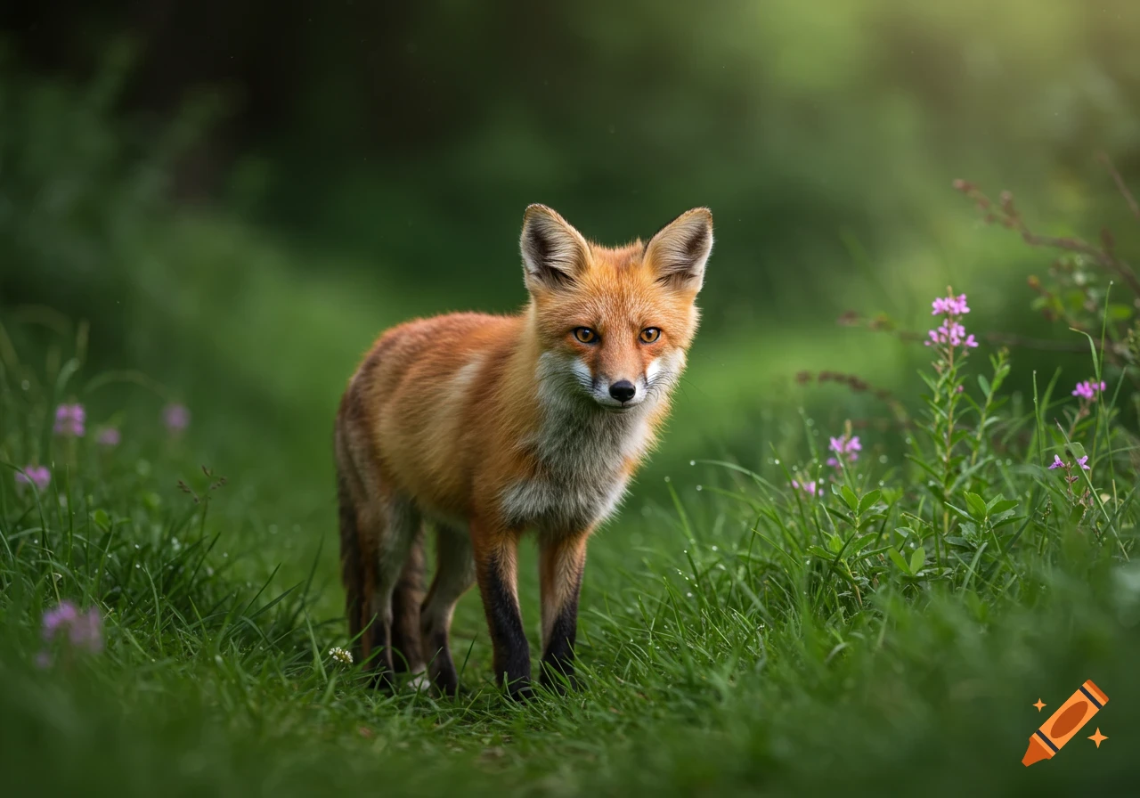 A photorealistic red fox stands in a lush green field with purple wildflowers, looking directly at the viewer.
