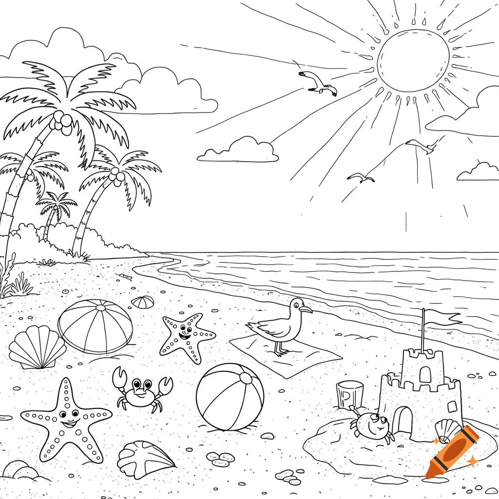 A black and white coloring page of a sunny beach with palm trees, a sandcastle, beach balls, seashells, two happy starfish, a crab, a seagull, and flying birds.