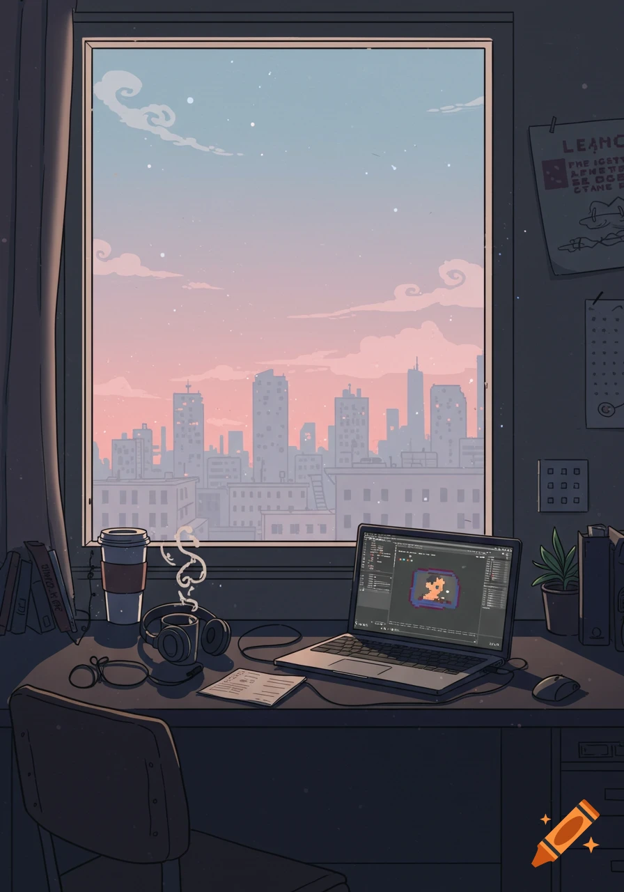Cartoon illustration of a desk with a laptop, coffee, and headphones, looking out a window at a pastel-colored cityscape at dusk.