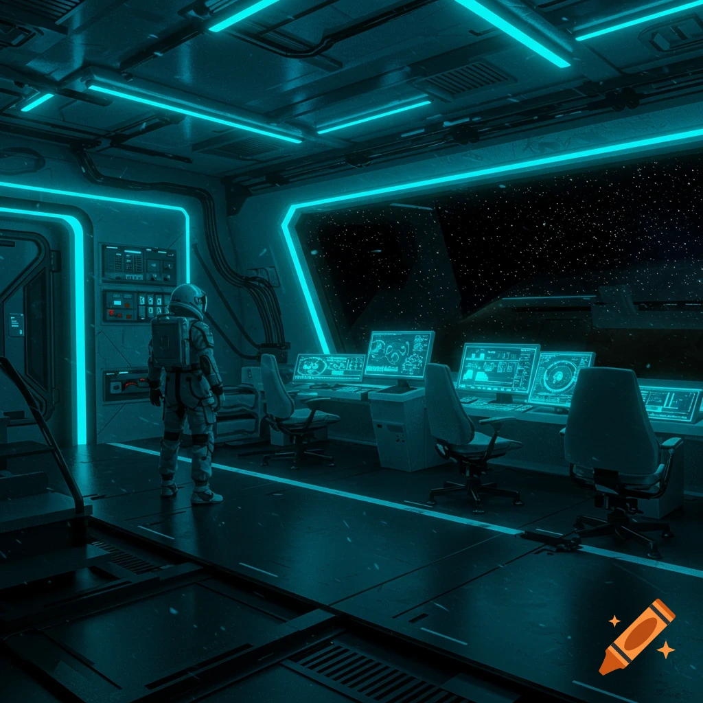 An astronaut in a spacesuit stands in a futuristic, neon-blue lit spaceship cockpit, looking out at a starry night sky.