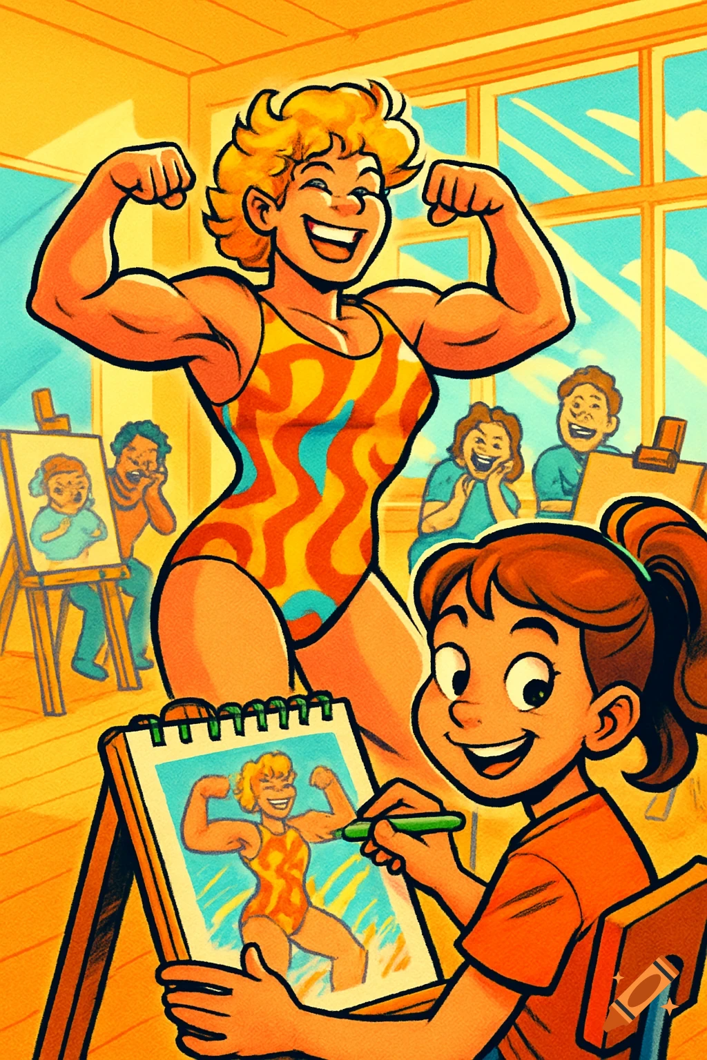 A muscular woman in a colorful swimsuit flexes in an art class while children draw her, in a vibrant cartoon style.