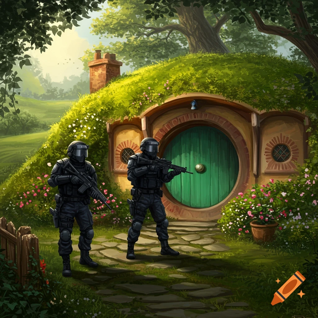 Two armed SWAT team members stand guard in front of a grassy hobbit hole with a green round door in a lush, peaceful landscape.