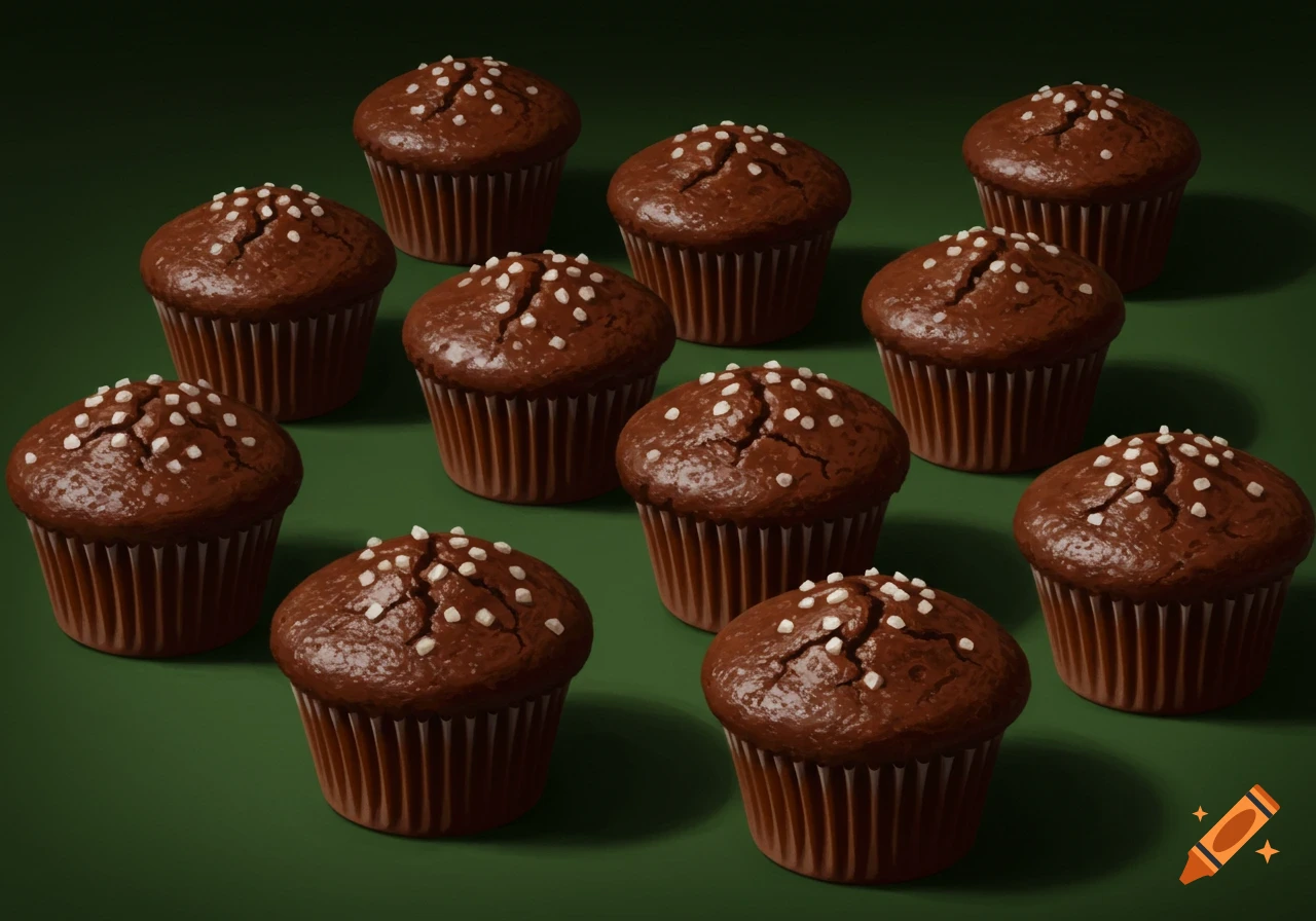 Twelve chocolate muffins with white sprinkles arranged on a dark green background.