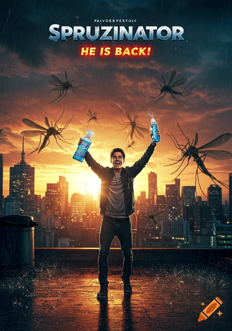 Man with spray bottles battles giant mosquitoes over a city, rain falling, in a dramatic movie poster style.