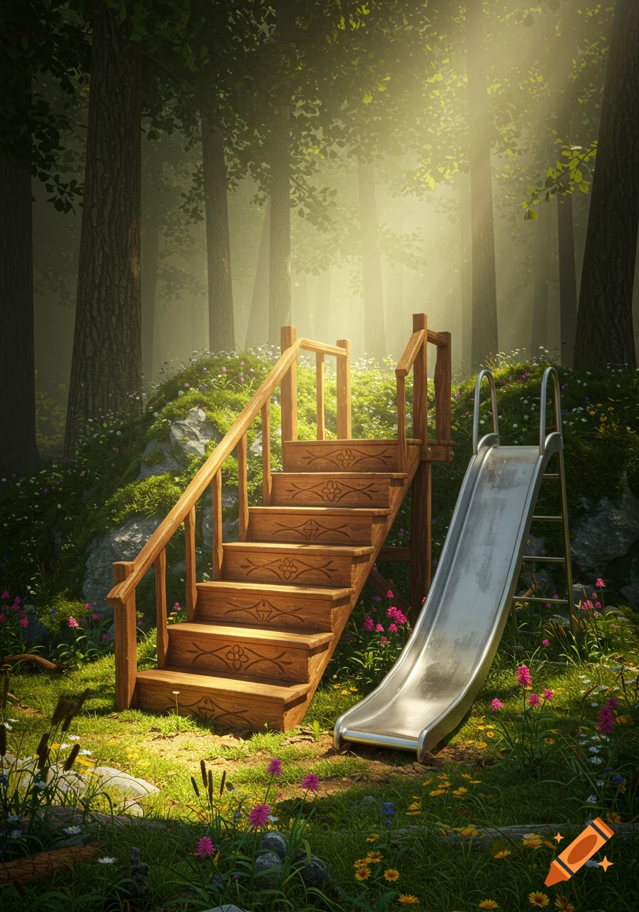 A whimsical wooden staircase and a metal slide in a lush, sun-dappled forest clearing with wildflowers and tall trees.