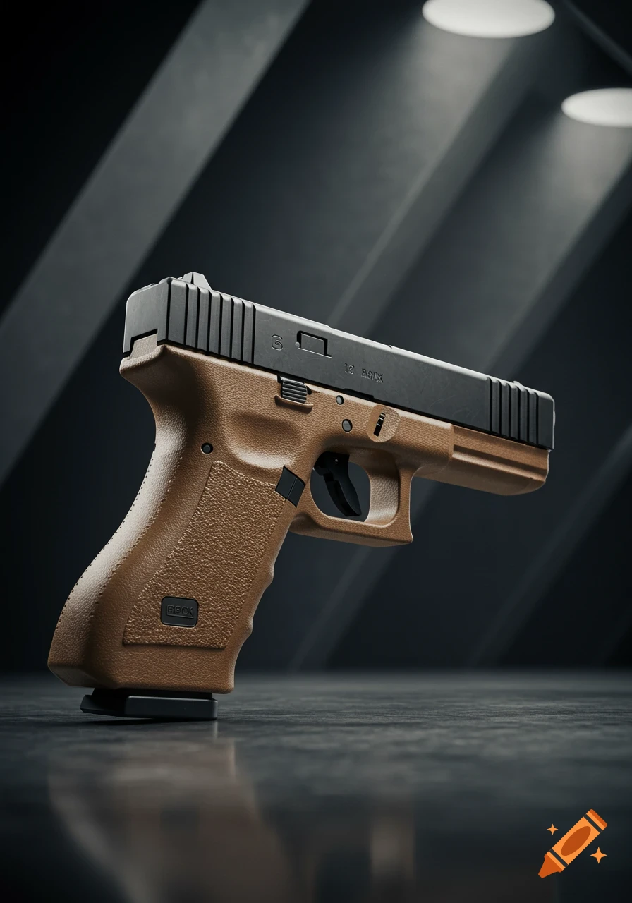 A photorealistic image of a Glock 17 handgun with a brown frame and a black slide, resting on a reflective dark surface.