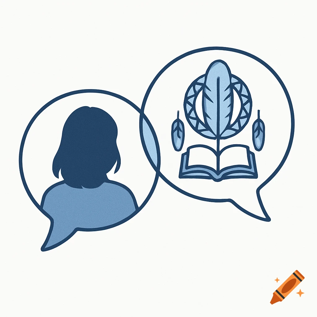 Illustration of two blue speech bubbles, one with a woman's silhouette, the other with a feather, book, and Indigenous motif.