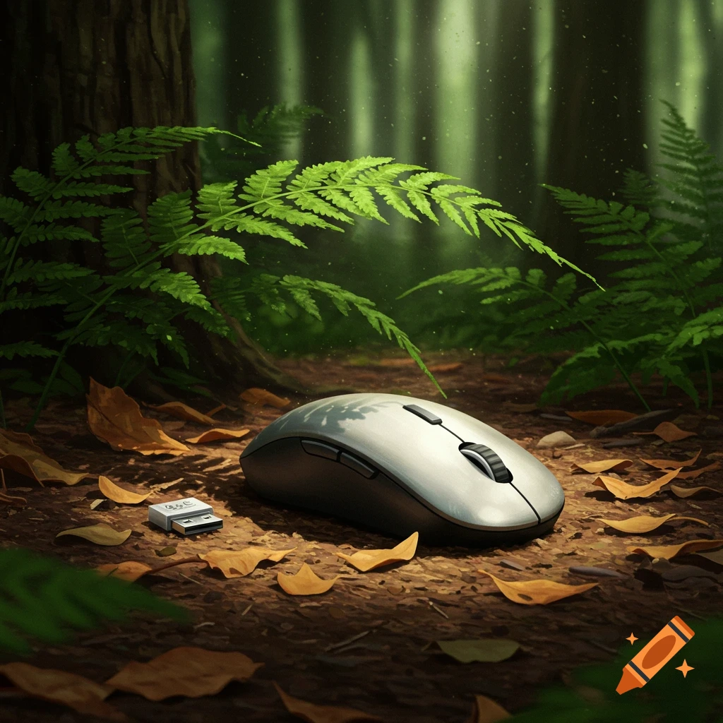 A wireless computer mouse and USB receiver rest on moist dirt among ferns and fallen leaves in a sun-dappled forest, painted art style.