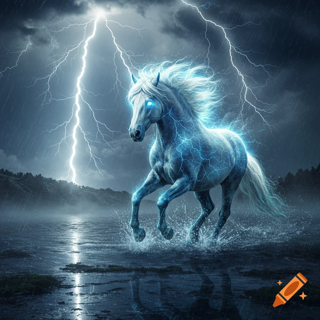 A majestic white horse, glowing with blue electricity, gallops through water under a dark, stormy sky with lightning bolts.