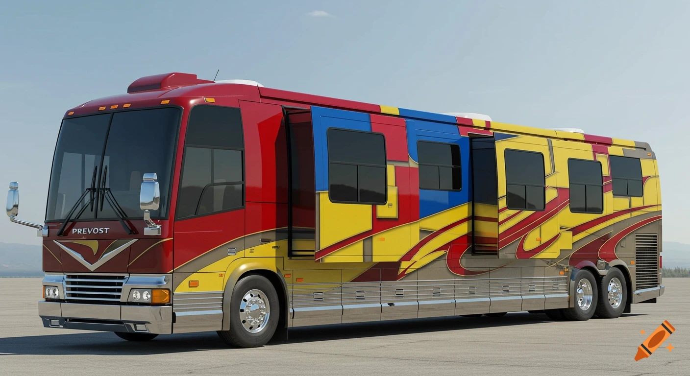 A photorealistic Prevost motor coach with a red, yellow, and blue cubist geometric paint scheme, parked on asphalt under a clear sky.