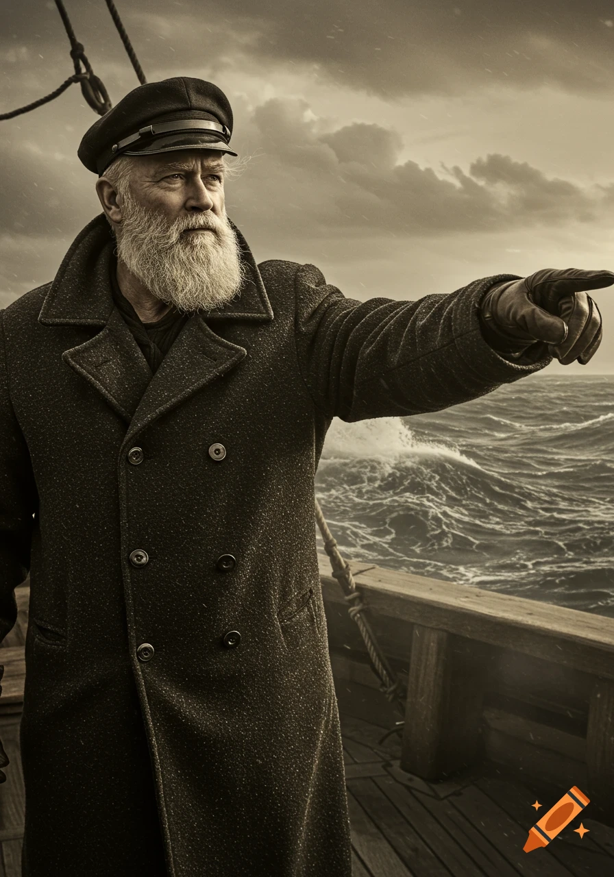 A grizzled sea captain with a white beard, wearing a peacoat and cap, stands on a stormy ship deck pointing over rough seas. Photorealistic sepia tone.