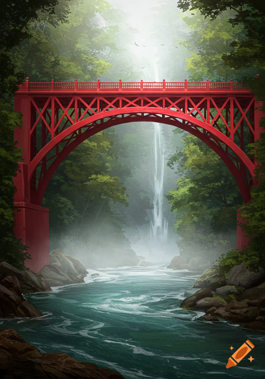 Red arched bridge over a river with a waterfall in a misty forest, illustrated.