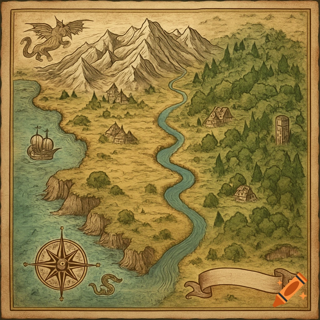 An old-style fantasy map depicting mountains, a winding river, dense forests, coastal cliffs, villages, a sailing ship, a dragon, and a compass rose.