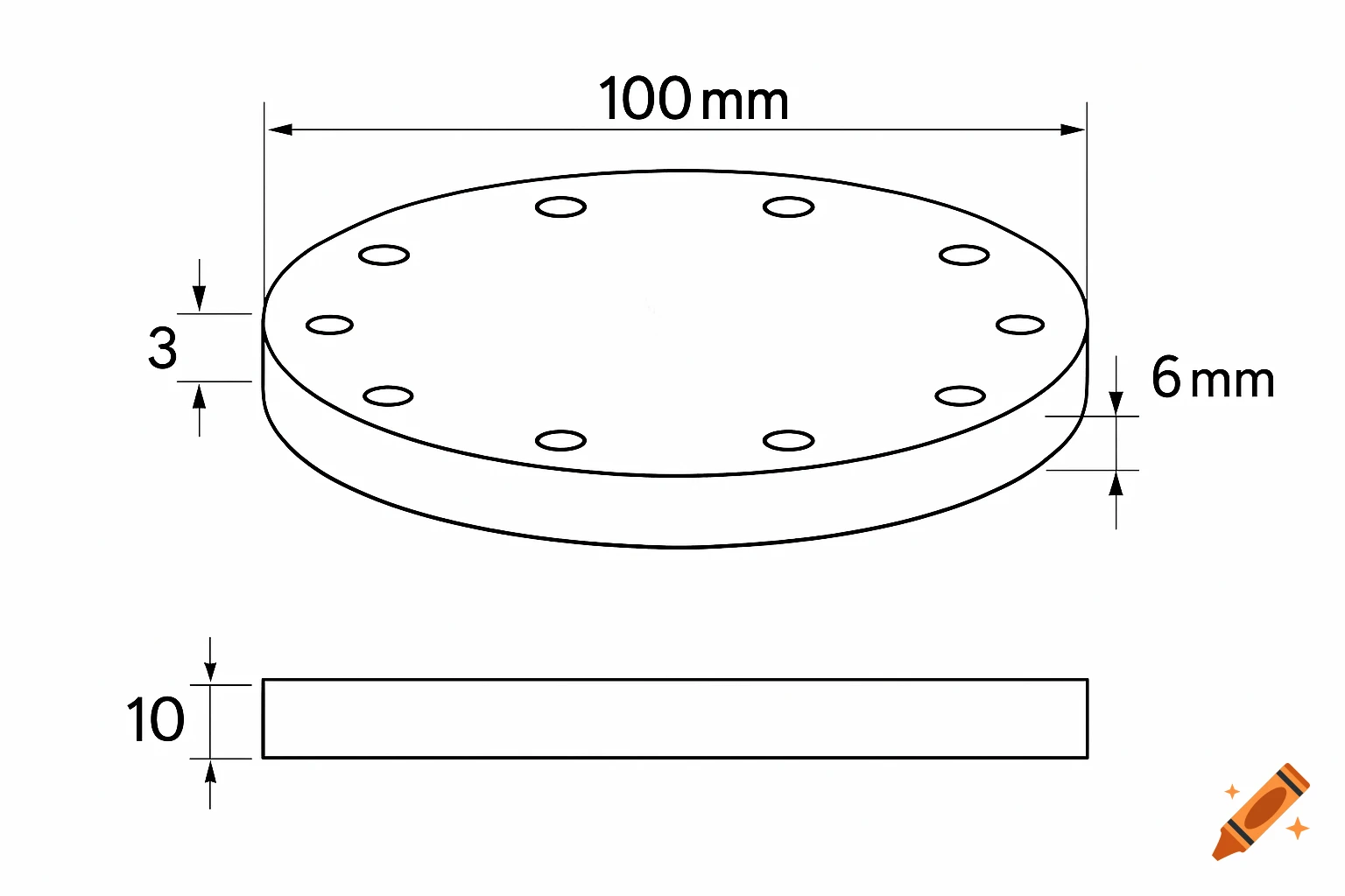 Black and white engineering drawing of a 100mm diameter, 10mm high disc with eight 6mm holes, showing top and side views with dimensions.