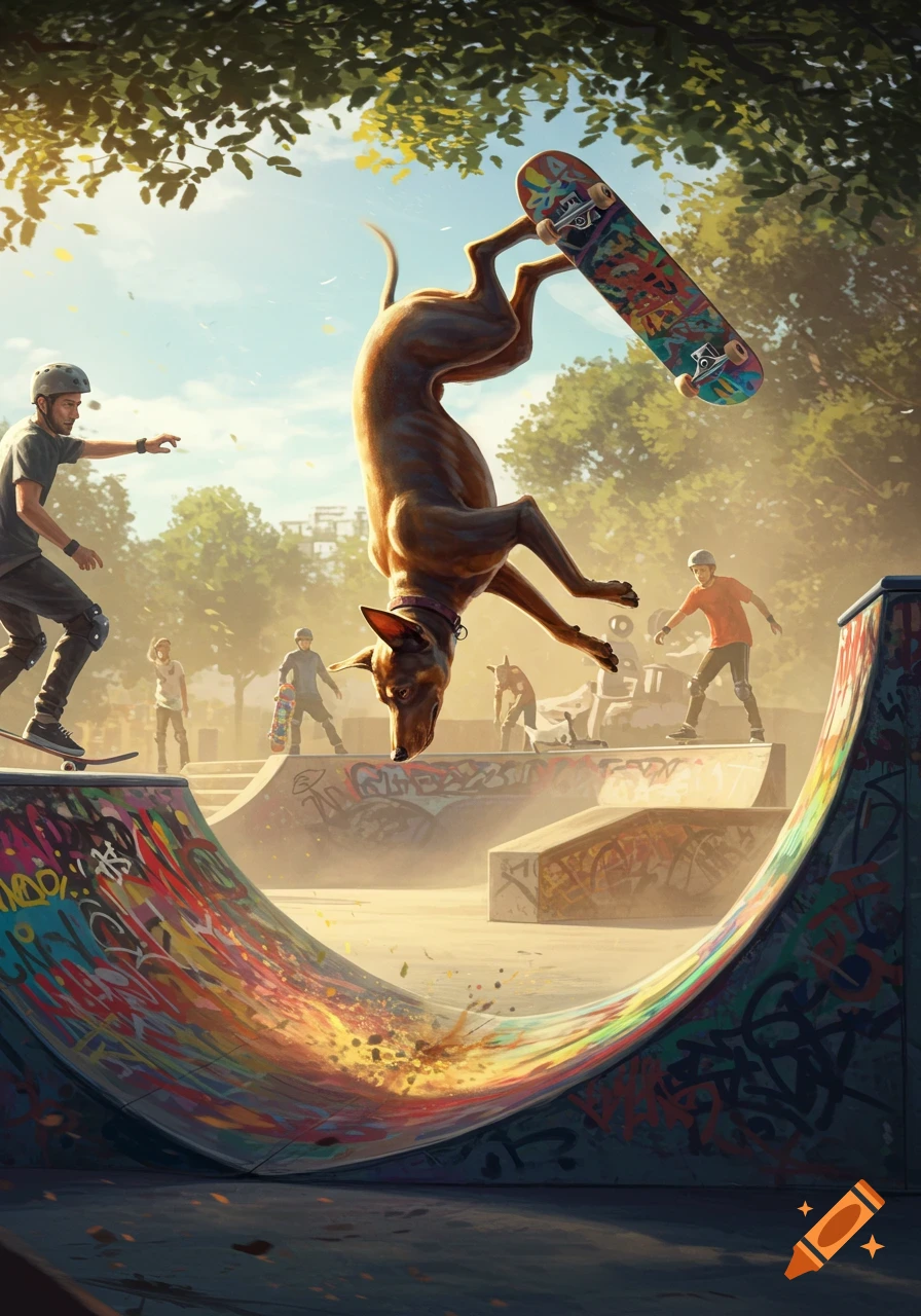 A brown dog doing a backflip with a colorful skateboard in a sunny, graffiti-covered skatepark with other skateboarders and trees.