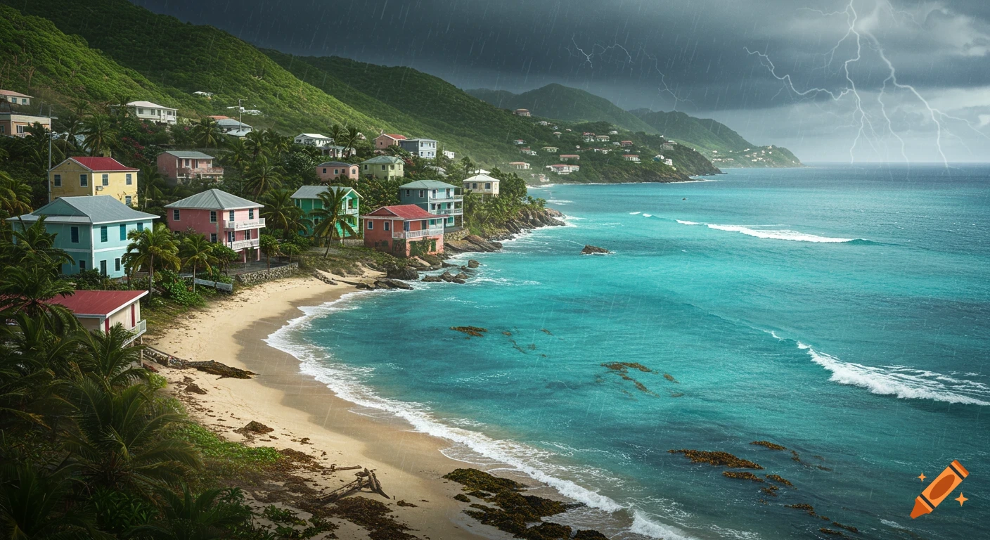 Colorful houses dot a tropical hillside overlooking a turquoise ocean during a heavy rainstorm with lightning strikes in the sky.