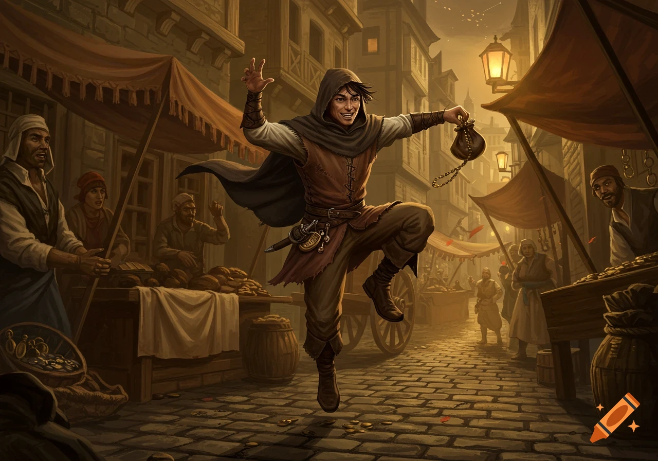 A smiling medieval thief in a brown tunic and cowl leaps in a busy market street, holding a stolen money bag. Illustration.