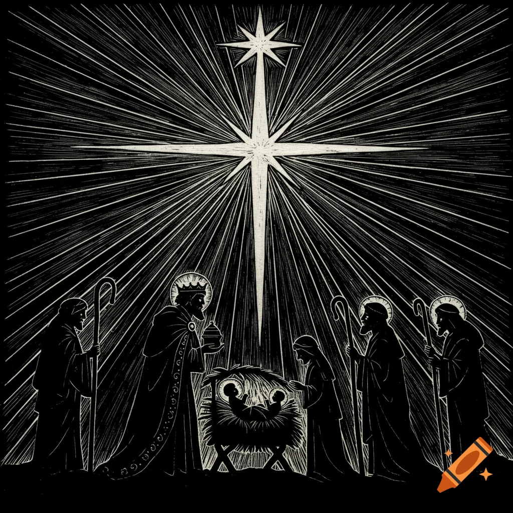 Black and white lino cut print of the Nativity scene with magi and shepherds looking at baby Jesus, bathed in rays from a bright star.
