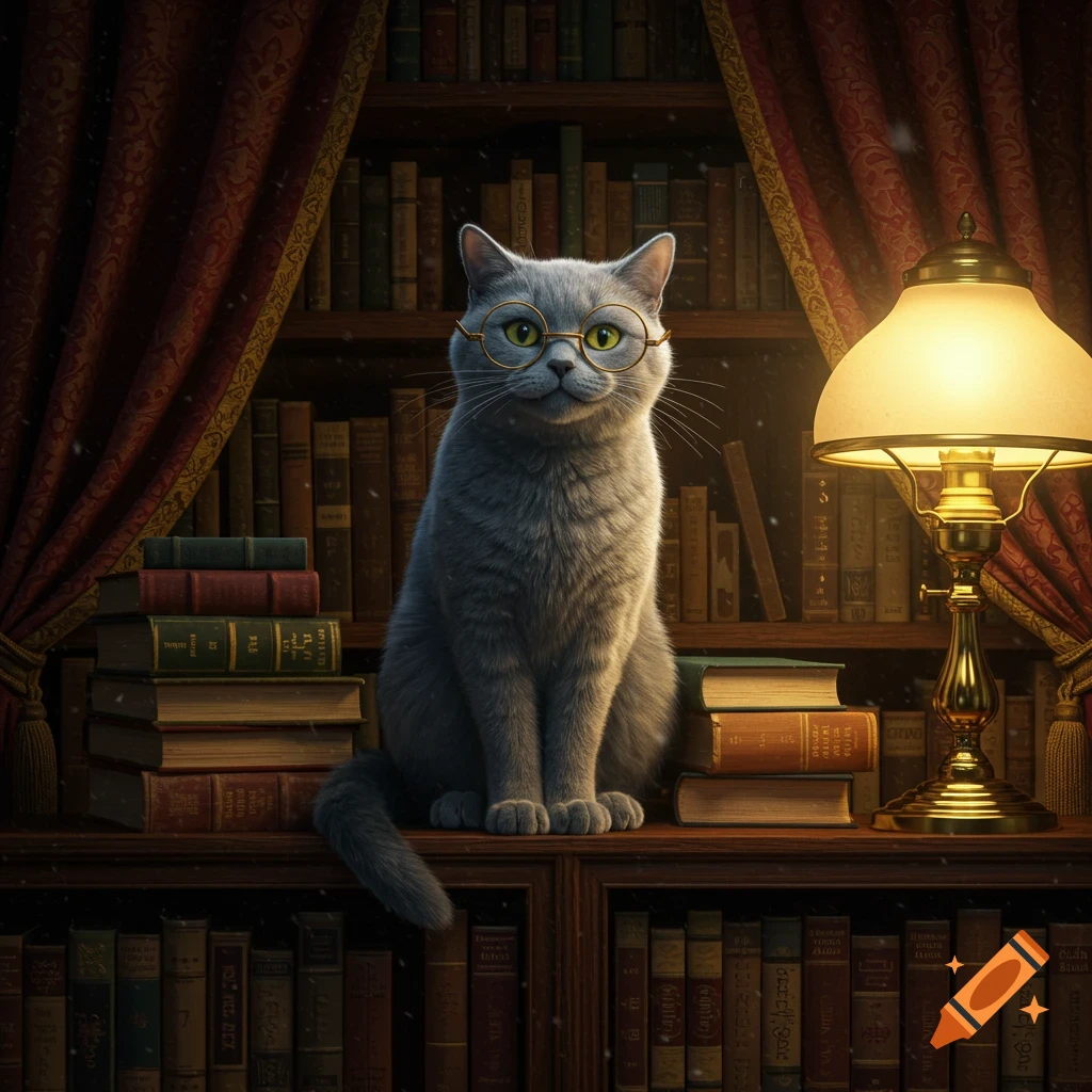 A smart gray cat with round glasses sits on a library shelf surrounded by books and a glowing lamp.