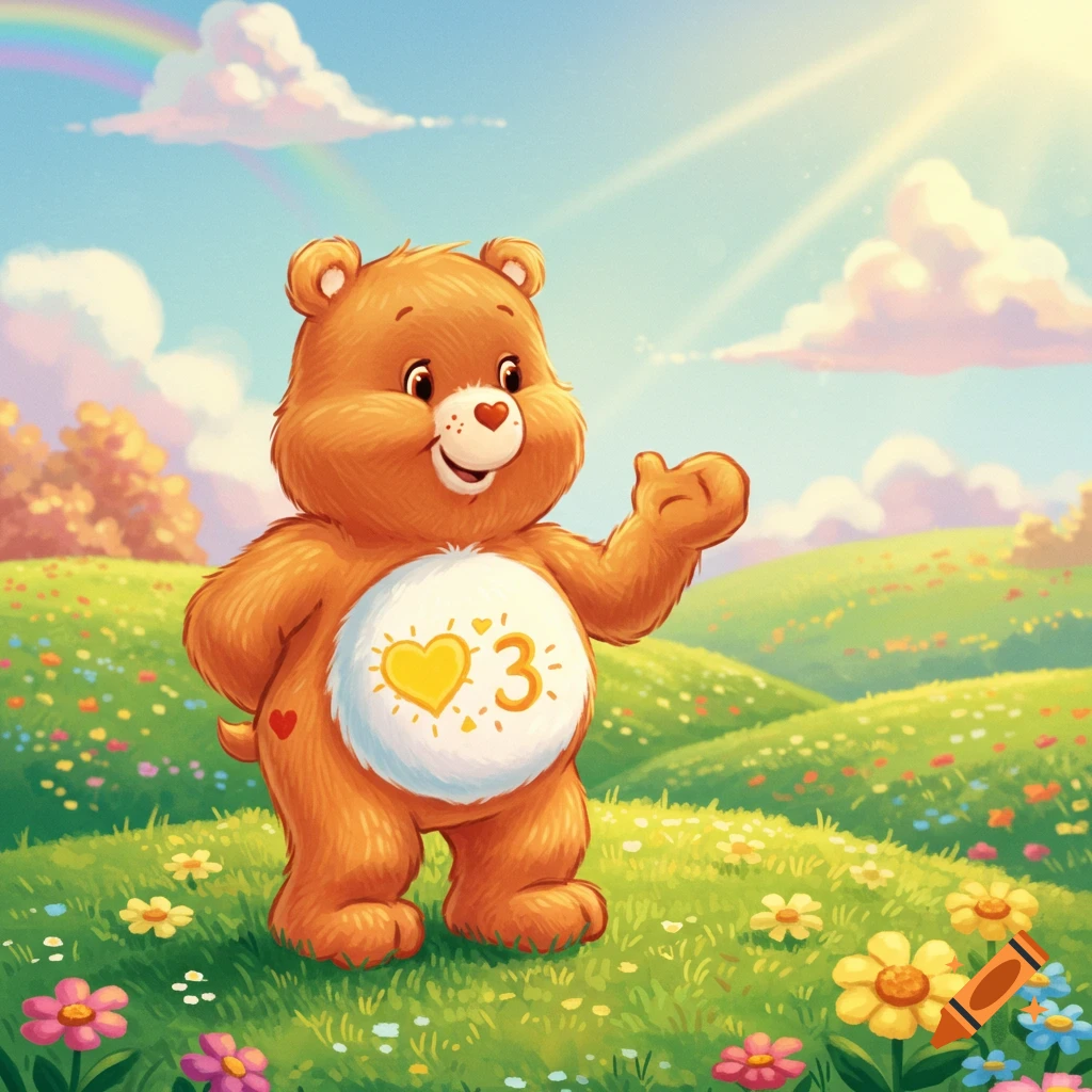 A cheerful orange cartoon bear with a heart and the number 3 on its belly, waving in a sunny, flower-filled green meadow with a rainbow.