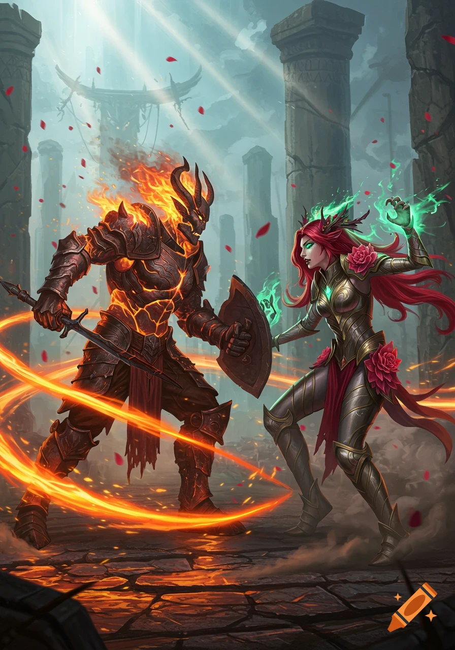Fiery armored knight and red-haired female warrior battle amidst ancient ruins, dynamic fantasy art.