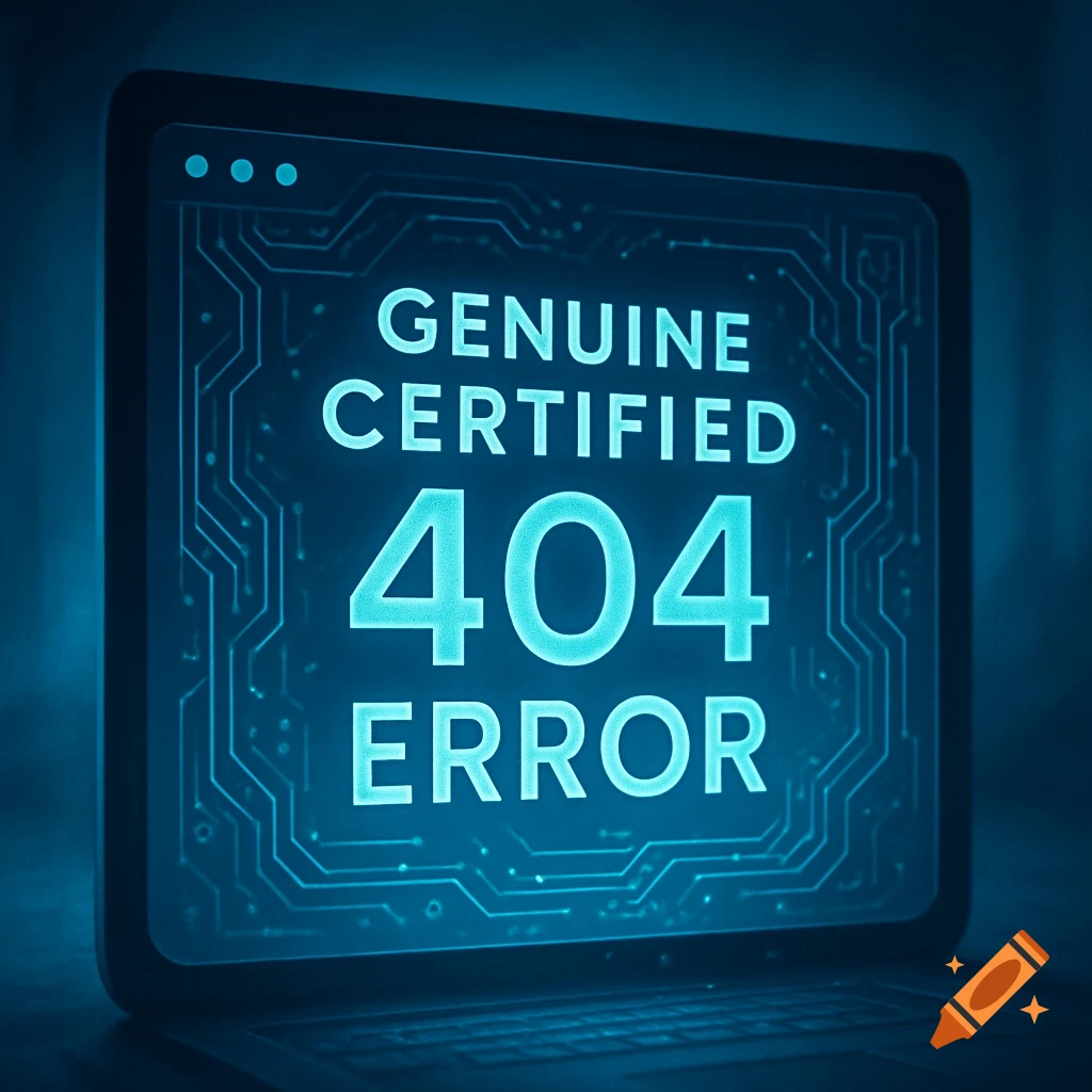 Close-up of a laptop screen displaying a glowing blue "GENUINE CERTIFIED 404 ERROR" message over a circuit board pattern.