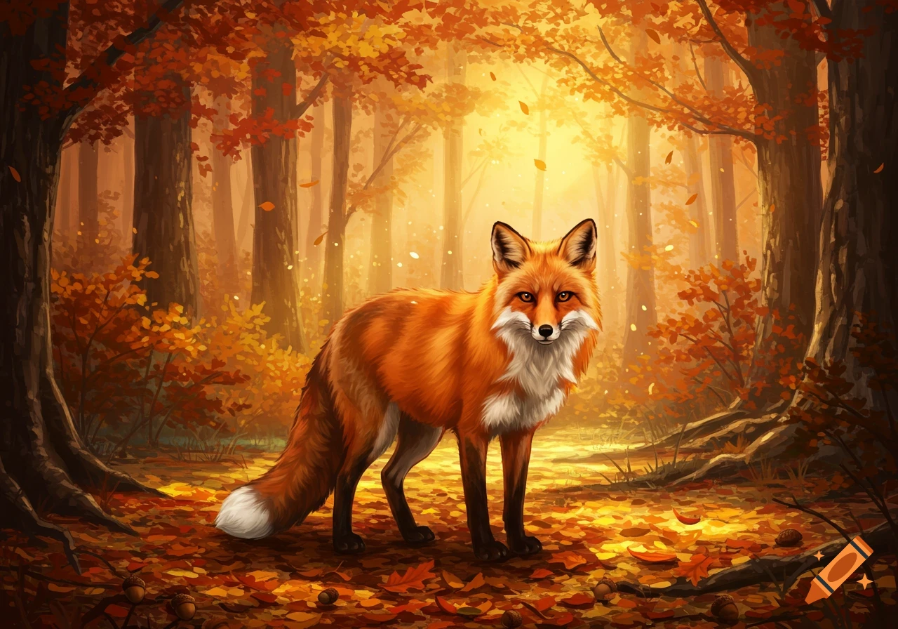 A vibrant orange fox with white markings stands among fallen autumn leaves in a sunlit forest, digital painting.